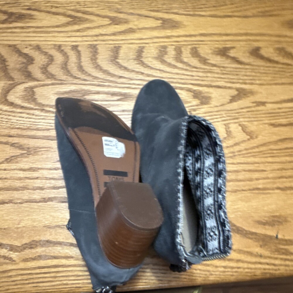 TOMS Black Suede Ankle Bootie with Tassel, Patterned Lining, Zip, Round Toe